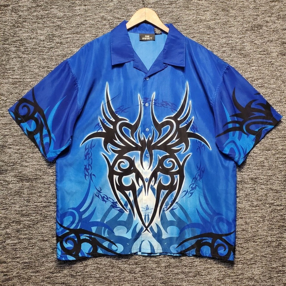 Vintage Y2K City Impact Tribal Graphic Button Up Shirt Mens XL Blue Short Sleeve
